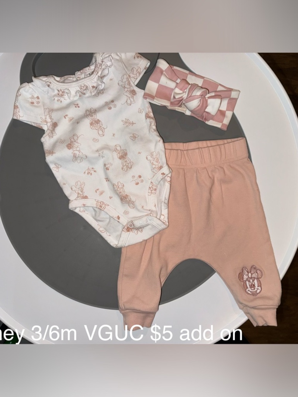 Disney Pink & White Baby Matching Set - Minnie Print Bodysuit, Pants & Headband